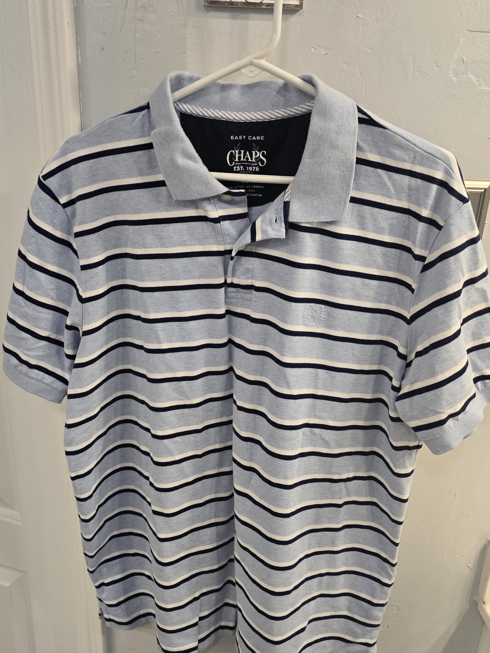 Chaps Light Blue Polo with Navy and White Stripes